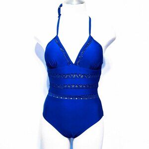 Women’s Small Blue Halter Monokini One Piece Swimsuit Cutout Crochet